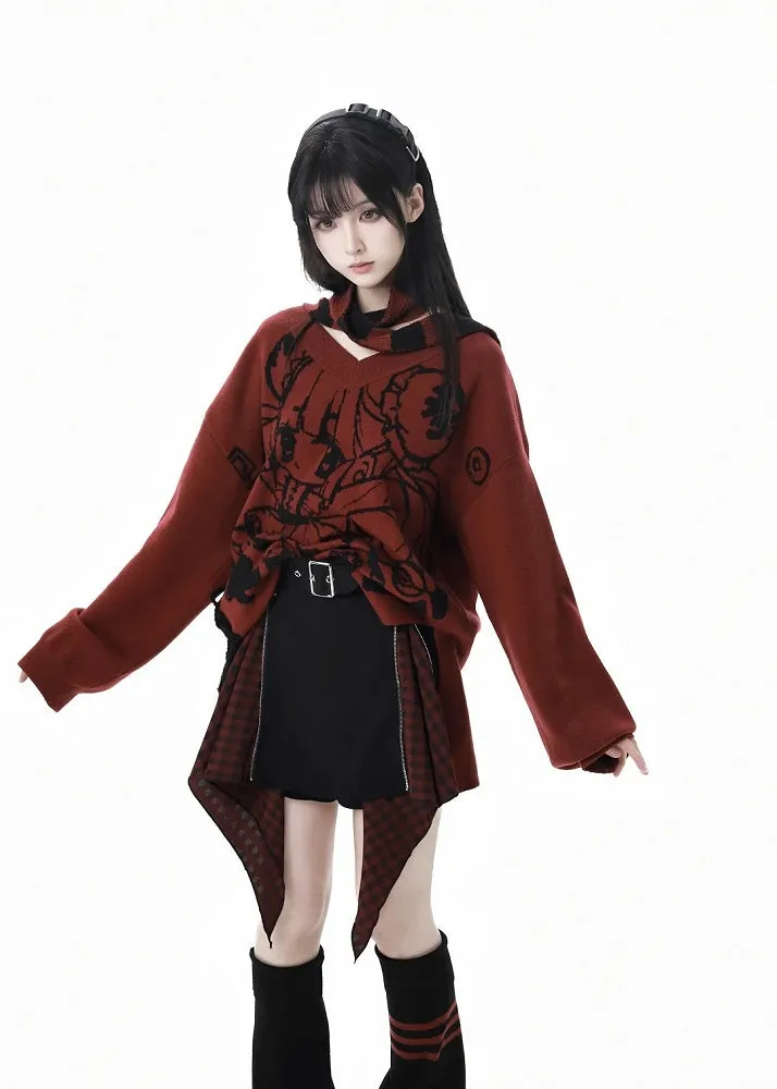 Red V-neck Cartoon Pattern Knitted Sweater