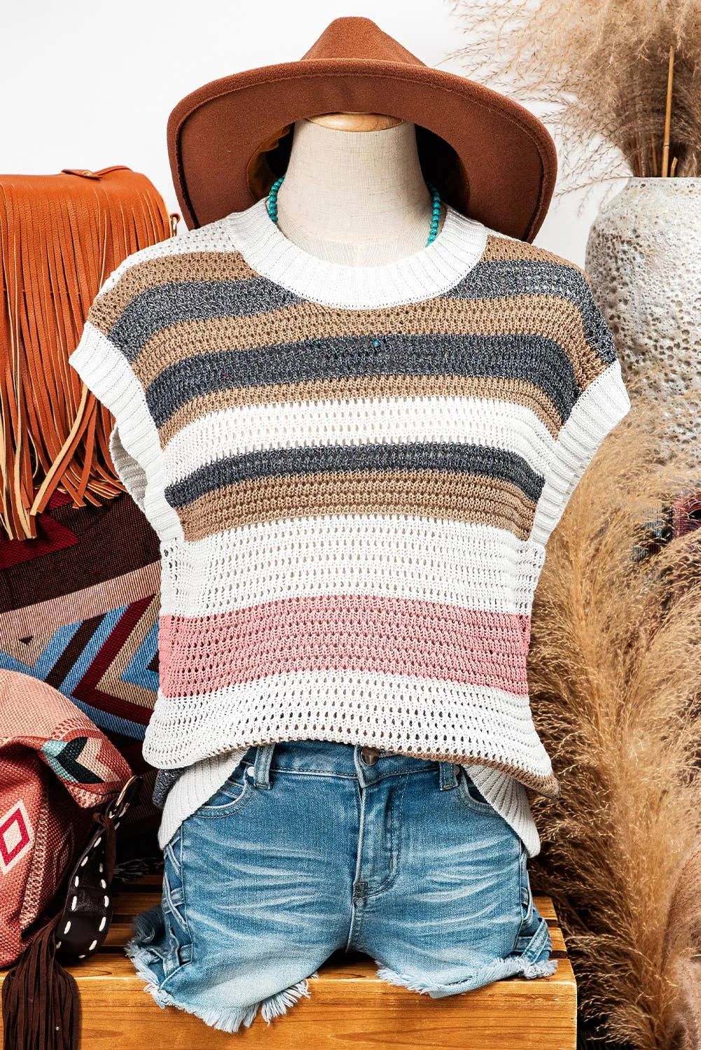 Stripe Knit Short Sleeve Sweater