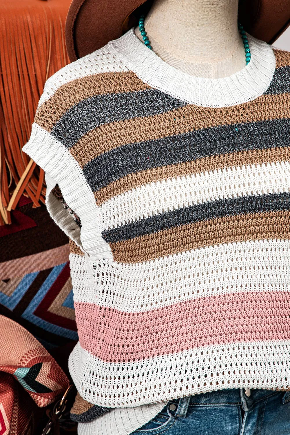 Stripe Knit Short Sleeve Sweater