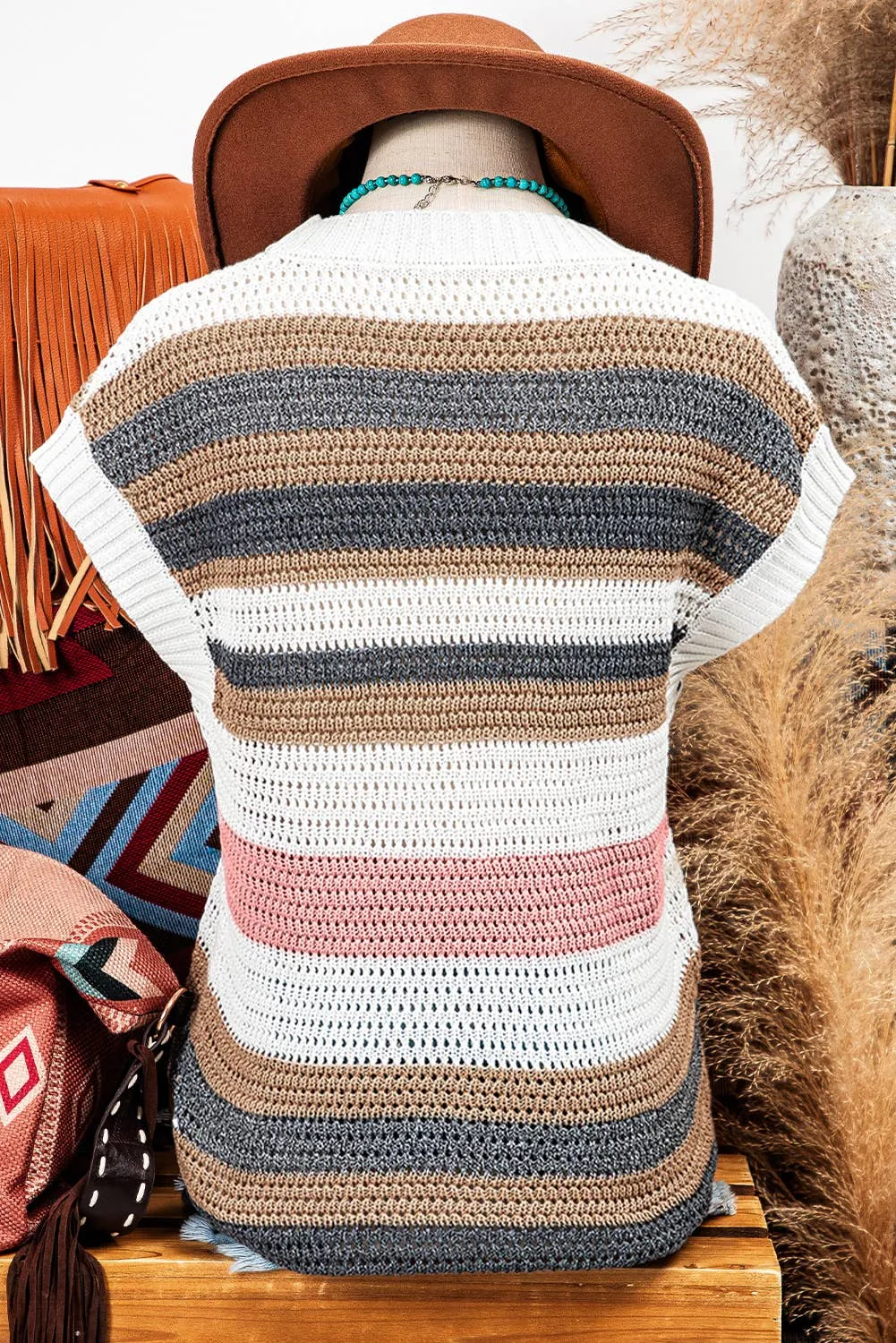 Stripe Knit Short Sleeve Sweater