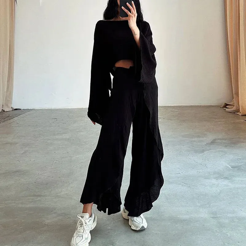 UAKISS  -  2024 Short Top Elastic Waist Harem Pants 2PCS Outfit, Women Spring Summer Loungewear Loose Sets, O-Neck Long Sleeve Ladies Suits