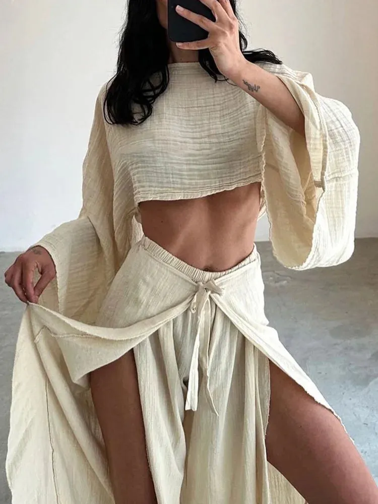 UAKISS  -  2024 Short Top Elastic Waist Harem Pants 2PCS Outfit, Women Spring Summer Loungewear Loose Sets, O-Neck Long Sleeve Ladies Suits
