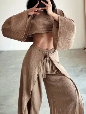 UAKISS  -  2024 Short Top Elastic Waist Harem Pants 2PCS Outfit, Women Spring Summer Loungewear Loose Sets, O-Neck Long Sleeve Ladies Suits