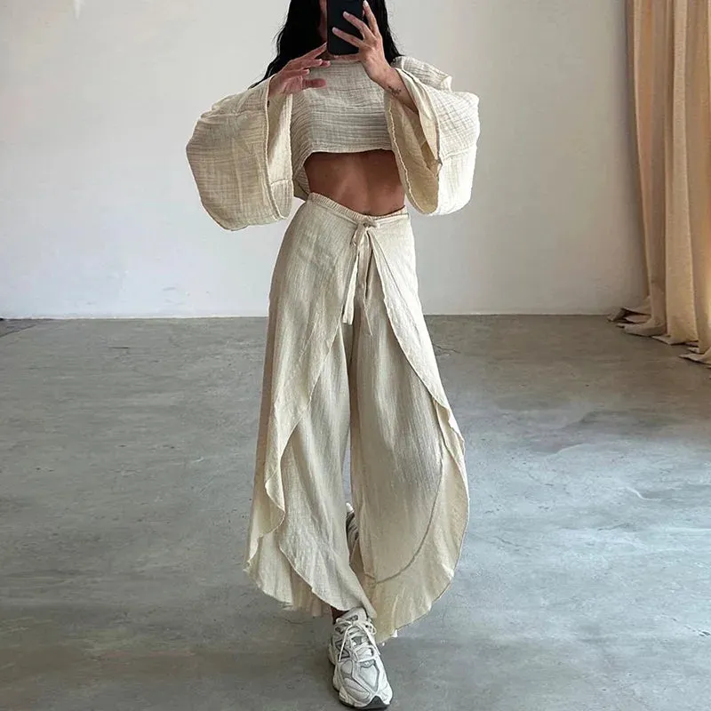 UAKISS  -  2024 Short Top Elastic Waist Harem Pants 2PCS Outfit, Women Spring Summer Loungewear Loose Sets, O-Neck Long Sleeve Ladies Suits