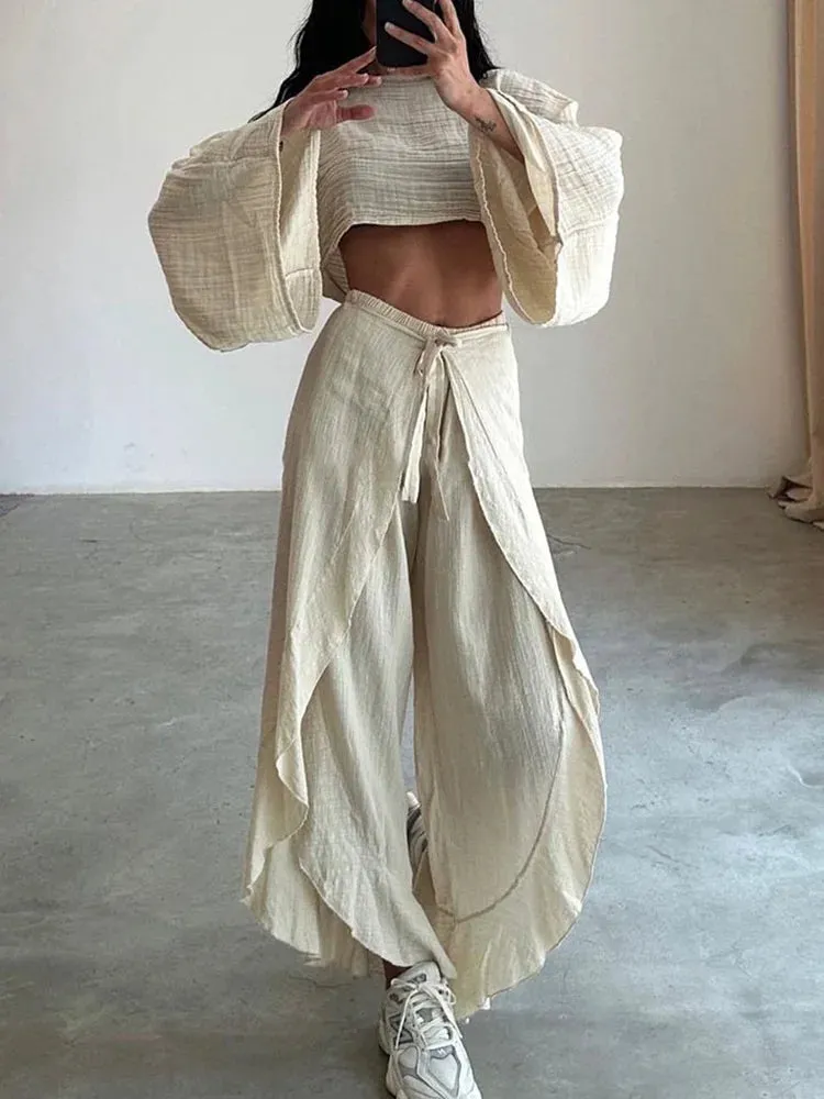 UAKISS  -  2024 Short Top Elastic Waist Harem Pants 2PCS Outfit, Women Spring Summer Loungewear Loose Sets, O-Neck Long Sleeve Ladies Suits