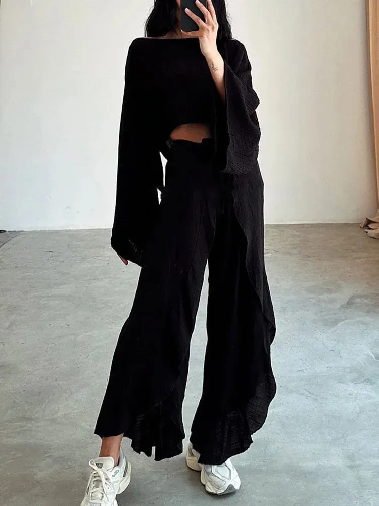 UAKISS  -  2024 Short Top Elastic Waist Harem Pants 2PCS Outfit, Women Spring Summer Loungewear Loose Sets, O-Neck Long Sleeve Ladies Suits