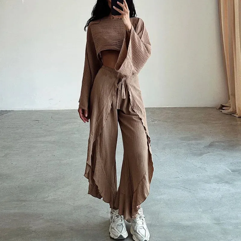 UAKISS  -  2024 Short Top Elastic Waist Harem Pants 2PCS Outfit, Women Spring Summer Loungewear Loose Sets, O-Neck Long Sleeve Ladies Suits