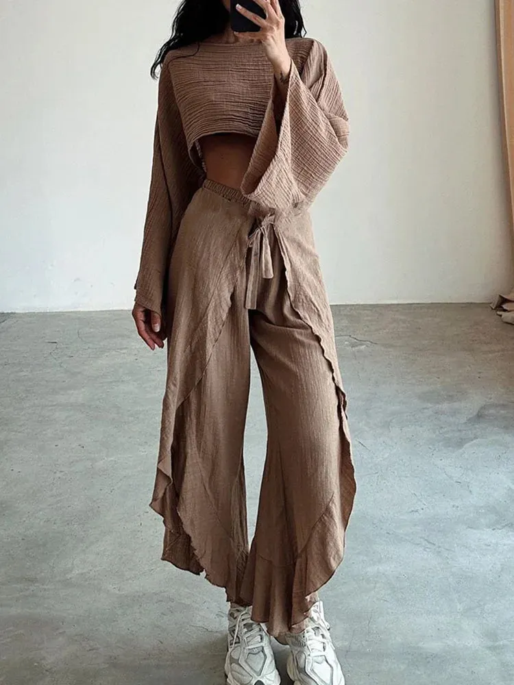 UAKISS  -  2024 Short Top Elastic Waist Harem Pants 2PCS Outfit, Women Spring Summer Loungewear Loose Sets, O-Neck Long Sleeve Ladies Suits