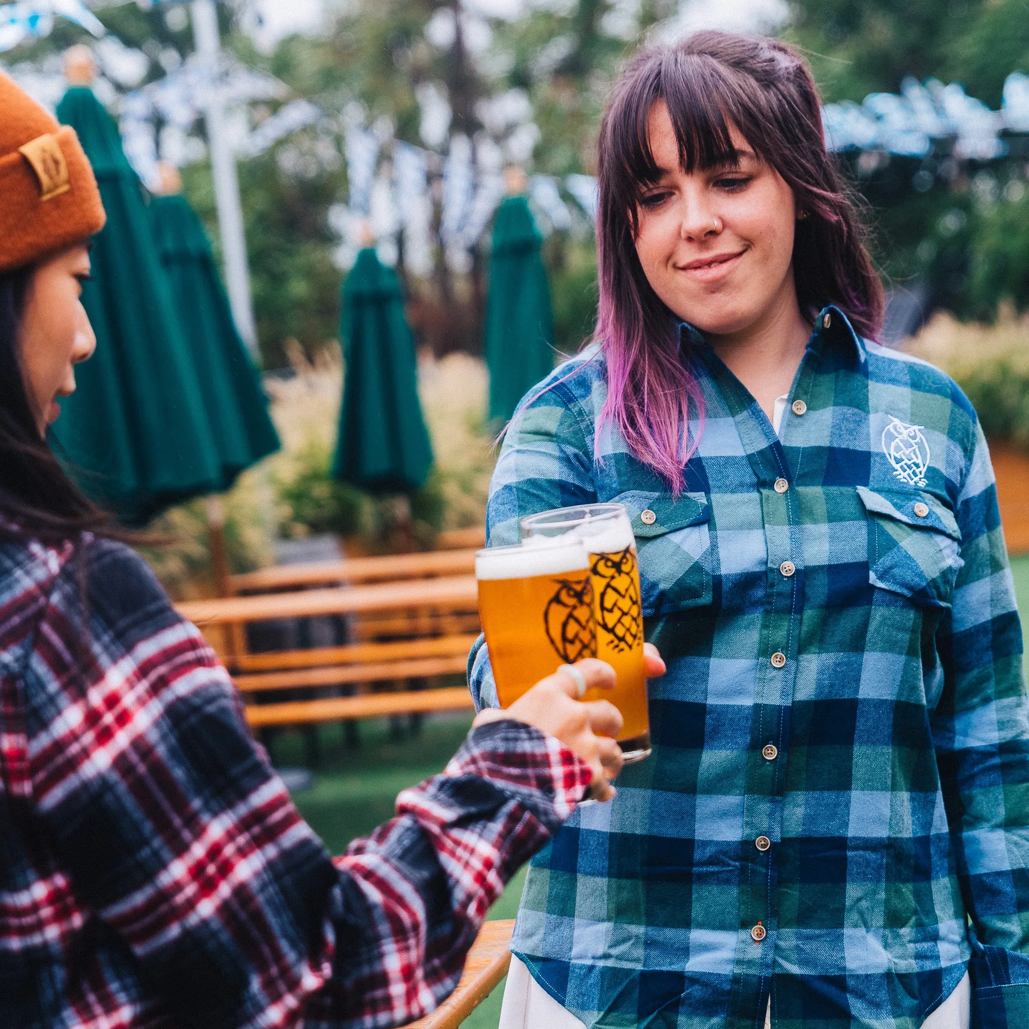 Women's Long Sleeve Logo Flannel Shirt - Navy/Green