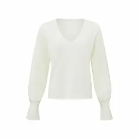 YAYA v-neck wool white w ruffle l/slv sweater